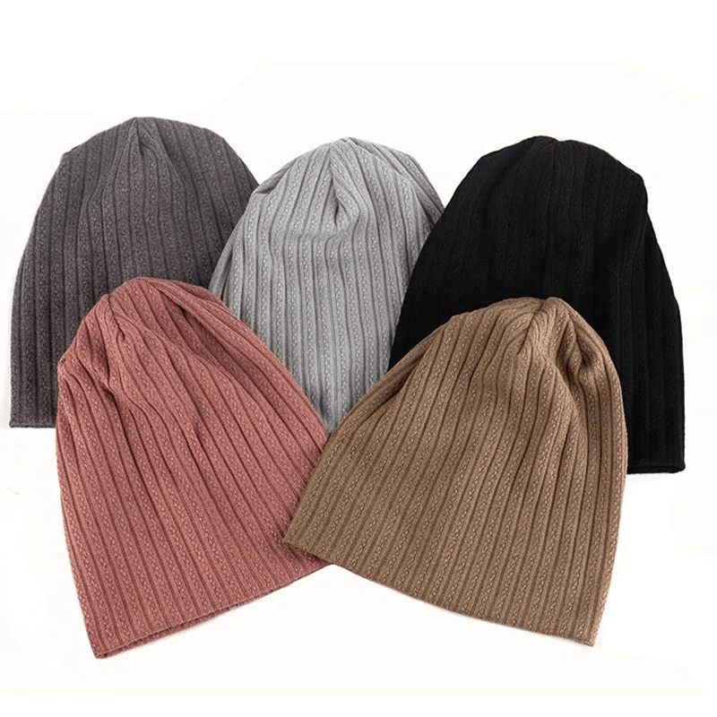 Five stylish women's decorative pattern stripe soft beanies in assorted colors: gray, pink, beige, black, and white.